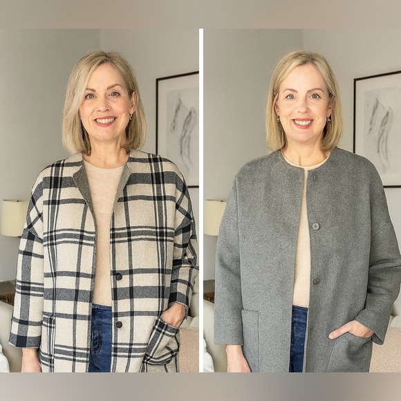 MaxMara Jackets & Blazers - Rare MaxMara Weekend Reversible Checked Gray Black Cream Plaid Wool Coat Size S